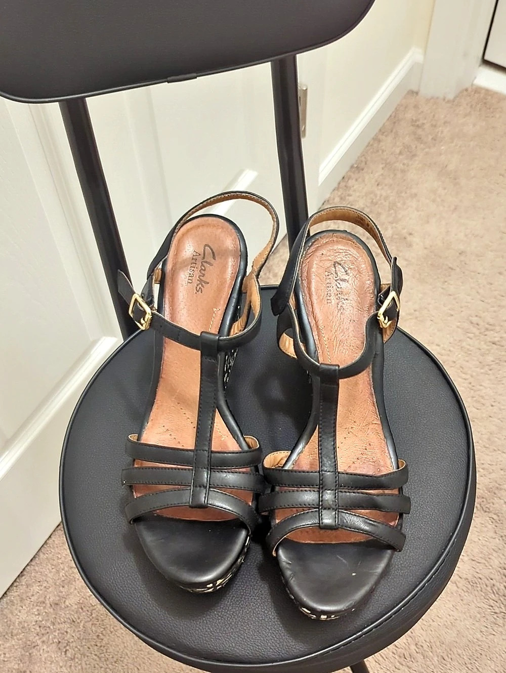 Clarks Artisan Black Geometric Wedge Sandals